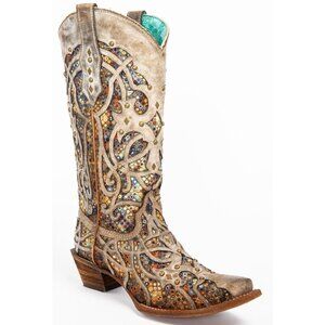 Corral Taupe Inlay Western Boots Snip Toe Embroidered Cowgirl GLITTERED Studs